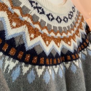 J. Crew, Cable- Sweater, Grey, Gold, and Navy, Size Medium